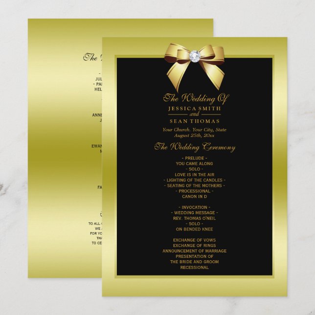 Glamour Gold Bow & Black Wedding Programme (Devant / Derrière)