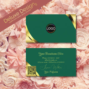 Glamour Gold Corners on Teal with Logo and QR Code Business Card