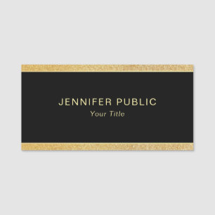 Glamour Gold Glitter Custom Rectangle Black Classi Name Tag