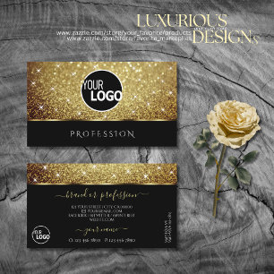 Glamour Gold Glitter Luminous Stars Black Logo Business Card
