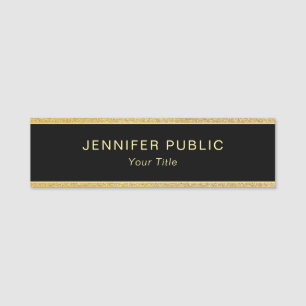 Glamour Gold Glitter Modern Custom Rectangle Black Name Tag