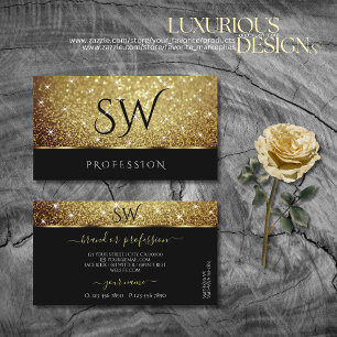 Glamour Gold Glitter Sparkle Stars Black Monogram Business Card
