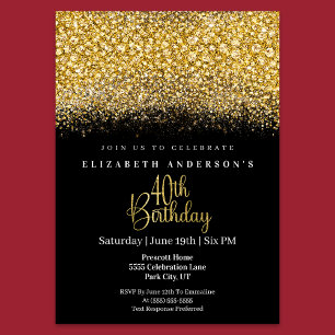 Glamour Gold Jeweled Glitter 40th Birthday Invitation