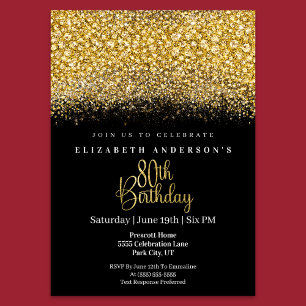 Glamour Gold Jewelled Glitter 80th Birthday Invitation