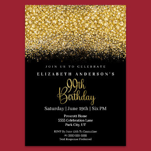Glamour Gold Jewelled Glitter 99th Birthday Invitation