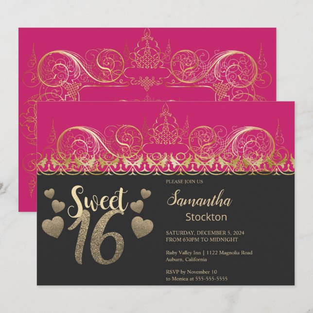 Glamour Gold Sweet 16 Invitation (Devant / Derrière)