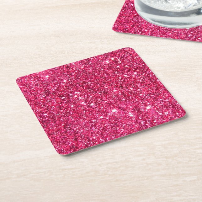 Glamour Hot Pink Glitter Square Paper Coaster (Angled)