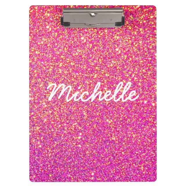 Glamour Hot Pink Gold Glitter Script Personalized Clipboard (Front)