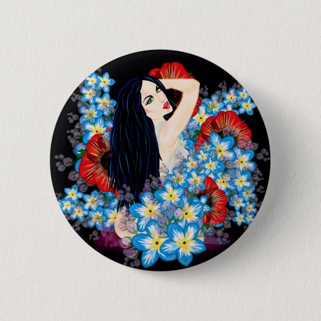 Glamour Model in Poppy flower bed, ART by LeahG 2 Inch Round Button (Front)