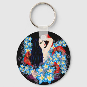 Glamour Model in Poppy flower bed, ART by LeahG Keychain