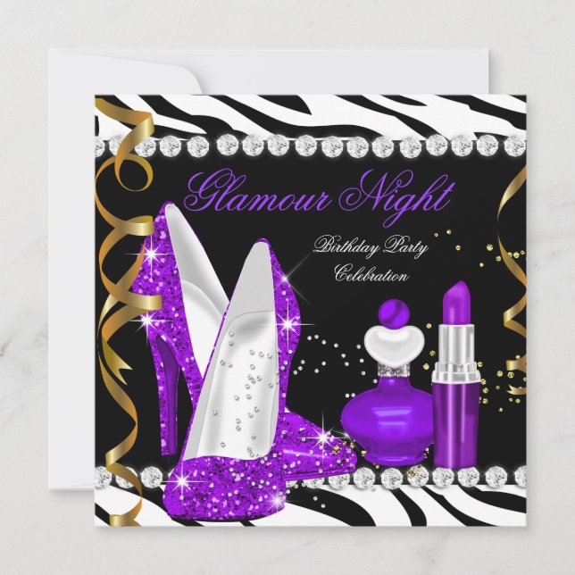Glamour Night glitter Purple Gold Black Zebra Invitation (Front)