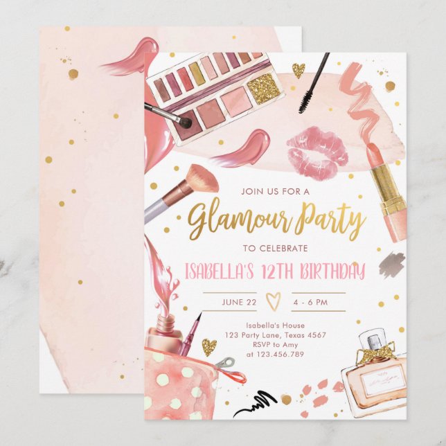 Glamour Party Glitz Glam Spa Girl Makeup Birthday  Invitation (Front/Back)