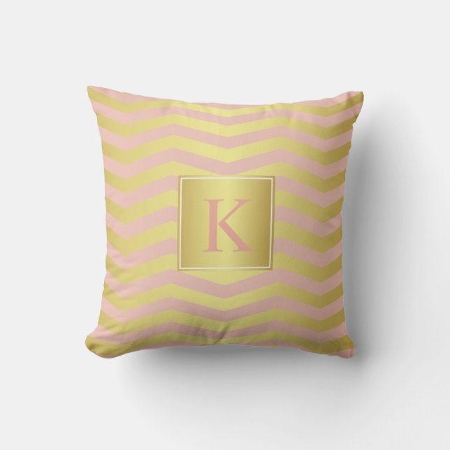 Glamour Pink and Gold Chevrons with Monogram Throw Pillow (Front)