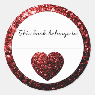 Glamour Red sparkles Heart Bookplate Sticker