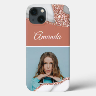 Glamour Rose Gold Glitter Marble Photo iPhone 13 Case