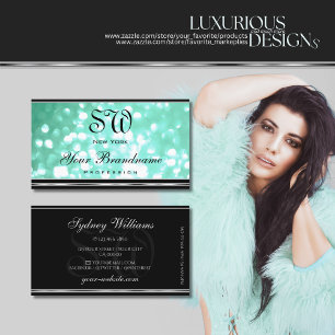 Glamour Teal Glitter Monogram Black Silver Border Business Card
