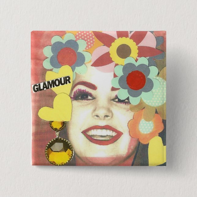 GLAMOUR VINTAGE FLOWER GIRL 2 INCH SQUARE BUTTON (Front)