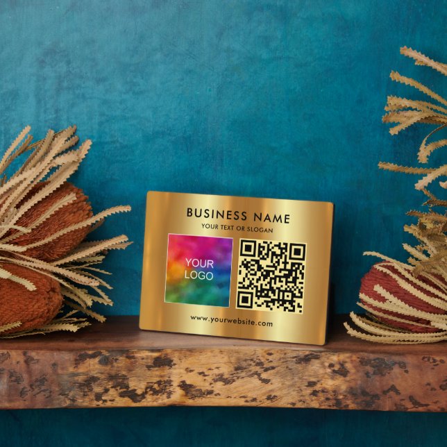 Glamour Your Custom Text Logo QR Code Faux Gold Plaque (Side)