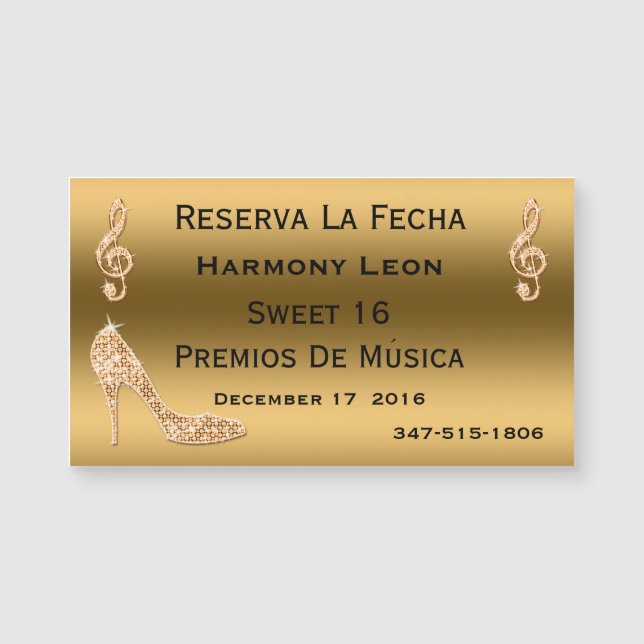 Glamourous 16th Save The Date Gold Stiletto (Front)