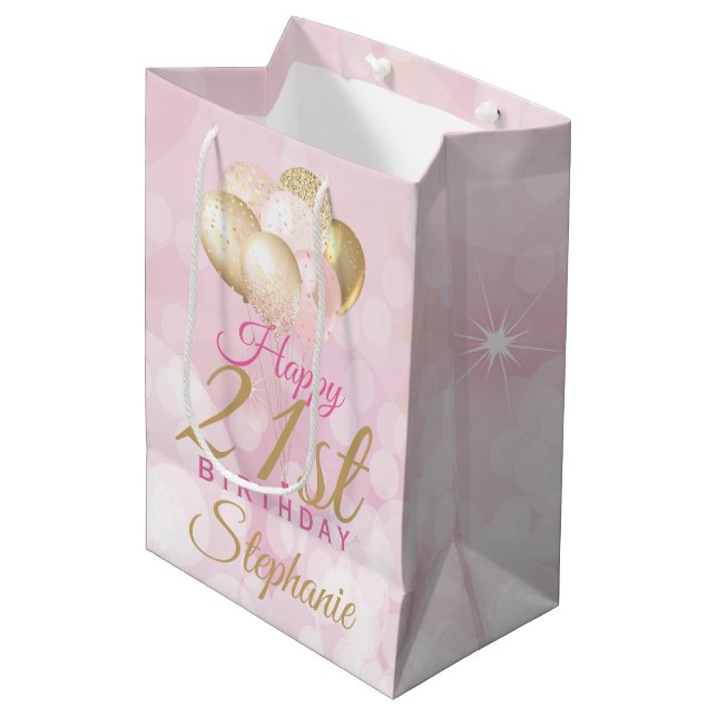 Glamourous 21st Birthday Balloon Medium Gift Bag (Front Angled)