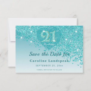Glamourous 21st Birthday Teal Glitter Frosted Hear Save The Date