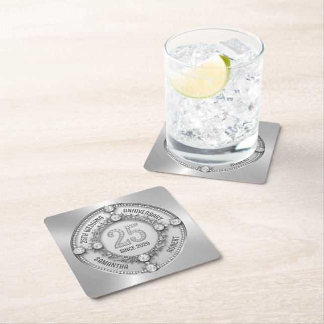 Glamourous 25th Wedding Anniversary Square Paper Coaster (Insitu)