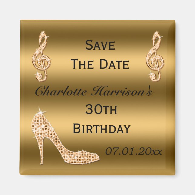 Glamourous 30th Save The Date Gold Stiletto Magnet (Front)