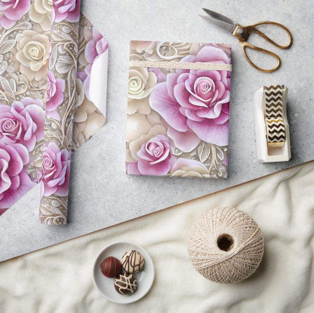 Glamourous 3-D Pink And White Roses Pattern Wrapping Paper (Crafts)