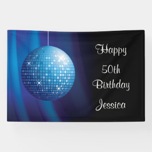 Glamourous 50th Birthday Blue Party Disco Ball Banner