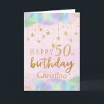 Glamourous 50th Birthday Gold Glitter Card<br><div class="desc">A glamourous 50th birthday age card. This beautiful Glam card features gold stars and pastel iridescent balloons.  Can be customize for any age and personalized by amending the name and the message inside which currently reads  "  Happy Birthday,  Wishing you a fun-filled fabulous 50th!."</div>