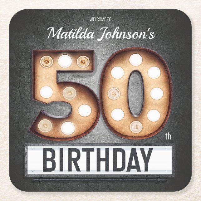 Glamourous 50th Birthday Light Bulb Marquee Custom Square Paper Coaster (Front)