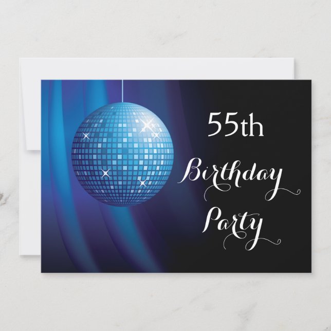 Glamourous 55th Birthday Blue Party Disco Ball Invitation (Front)