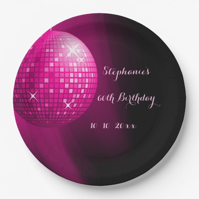 Glamourous 60th Birthday Hot Pink Party Disco Ball Paper Plate (Front)