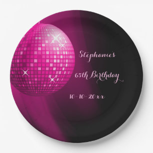 Glamourous 65th Birthday Hot Pink Party Disco Ball Paper Plate