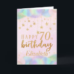 Glamourous 70th Birthday Gold Glitter Card<br><div class="desc">A glamourous Happy birthday 70th age card. This beautiful Glam card features gold stars and pastel iridescent balloons.  Can be customize for any age and personalized by amending the name and the message inside which currently reads  "  Happy Birthday,  Wishing you a fun-filled fabulous 70th!."</div>