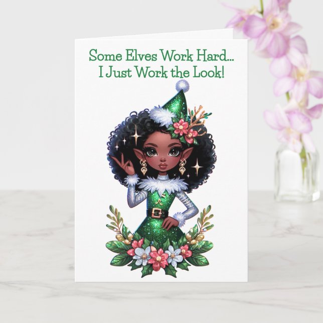 Glamourous African American Christmas Elf Card (Orchid)