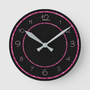 Glamourous and Girly Pink Glitter on Black Round Clock