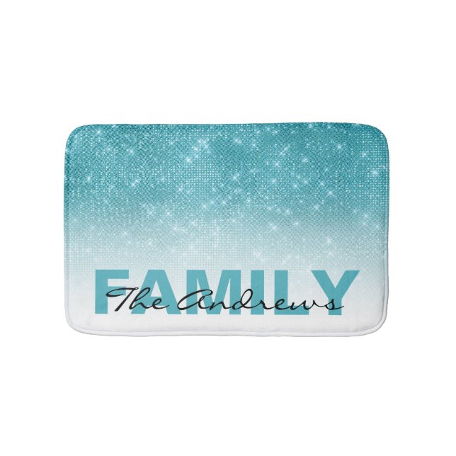 Glamourous Aqua Blue Glitter Sequin Ombre Monogram Bath Mat (Front)
