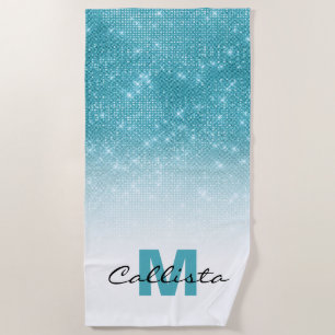 Glamourous Aqua Blue Glitter Sequin Ombre Monogram Beach Towel
