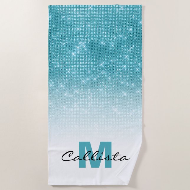 Glamourous Aqua Blue Glitter Sequin Ombre Monogram Beach Towel (Front)