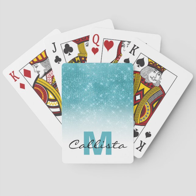 Glamourous Aqua Blue Glitter Sequin Ombre Monogram Playing Cards (Back)