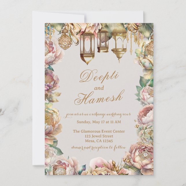 Glamourous Arabian Nights Pastel Floral Wedding Invitation (Front)