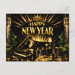 Glamourous Art Deco Piano New Year Holiday Postcard