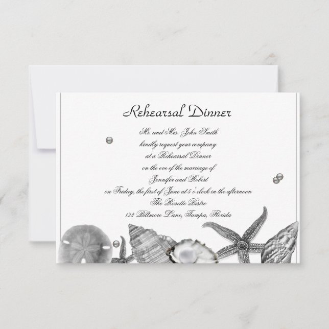 Glamourous Beach in Silver Wedding Rehearsal Invitation (Front)