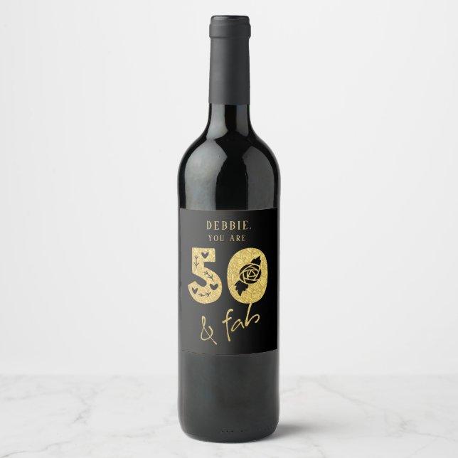 Glamourous Black and Gold 50 and Fab Decorative Wine Label (Front)