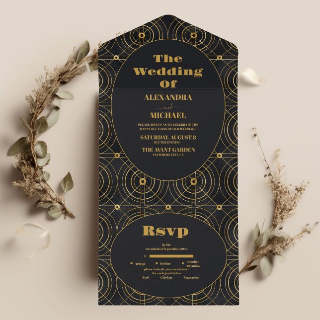 Glamourous Black and Gold Art Deco Wedding  All In One Invitation (Creator Uploaded)