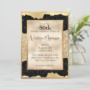 Glamourous Black and Gold Glitter 50th Birthday Invitation