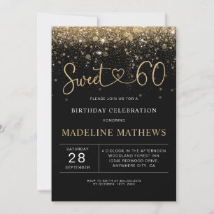 Glamourous Black and Gold Heart Sweet 60 Birthday  Invitation