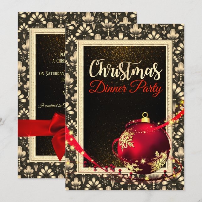Glamourous Black and Golden Christmas Dinner Invit Invitation (Front/Back)