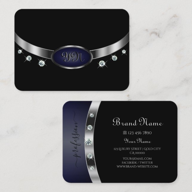 Glamourous Black and Silver with Monogram Diamonds Business Card (Front/Back)